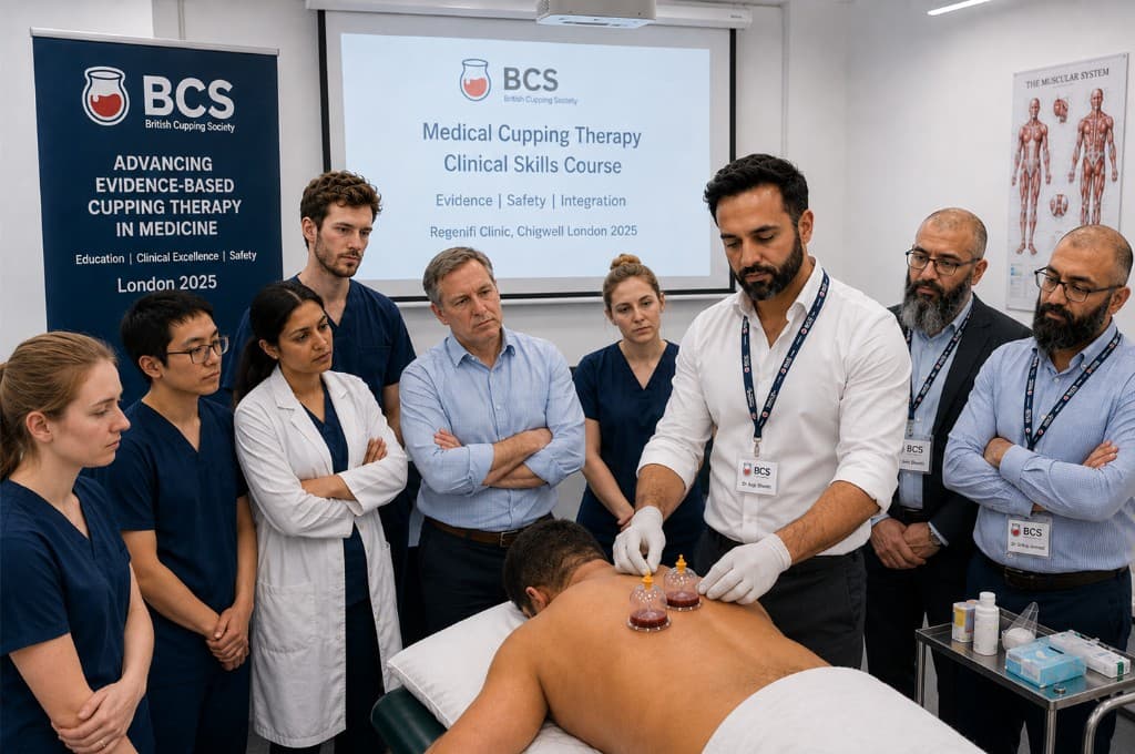 BCS tutor demonstrating cupping technique to healthcare professionals at a Medical Cupping Therapy clinical skills course in London, 2025