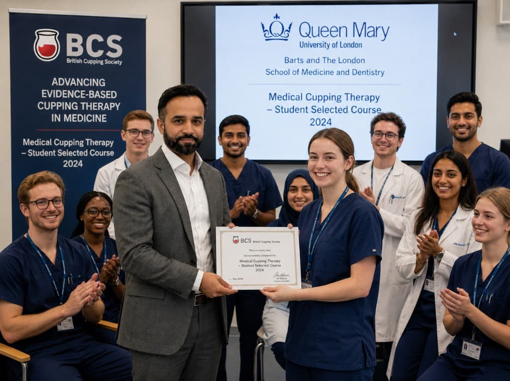 Barts and The London medical students receiving BCS Medical Cupping Therapy Student Selected Course certificates in 2024